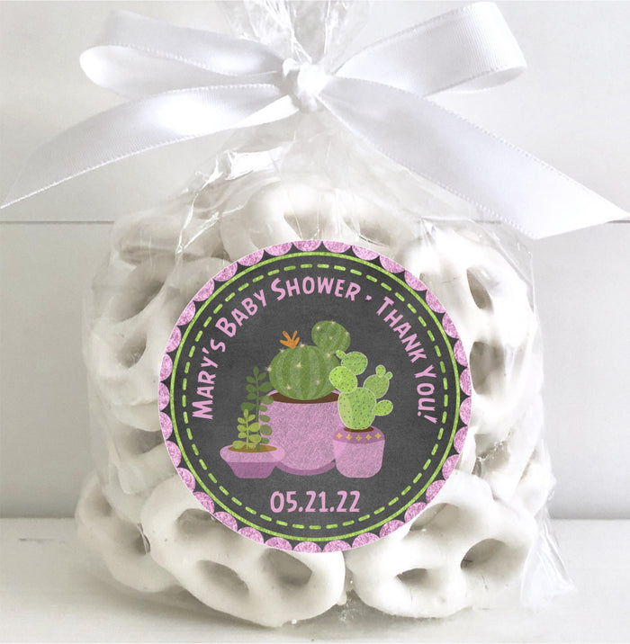 Succulent baby shower favor sticker featuring cheerful cactus garden design