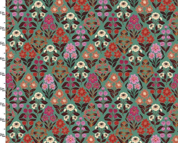 Caroline Alfreds 3 Wishes Fabric - Folk Flora - Floral Bouquet