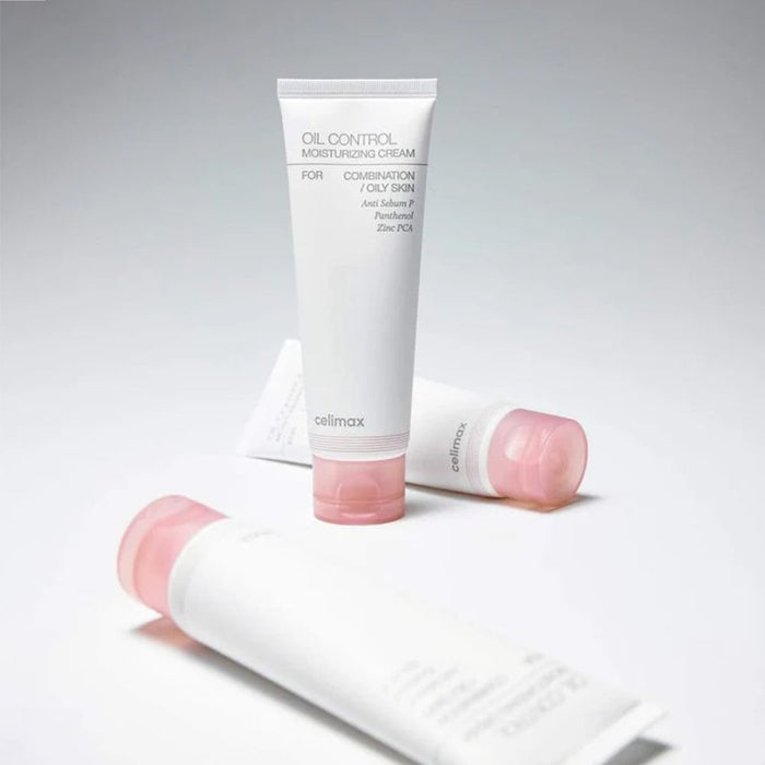 CELIMAX Oil Control Moisturizing Cream 80ml in three tubes with pink caps, designed for oil control and hydration on combination to oily skin.