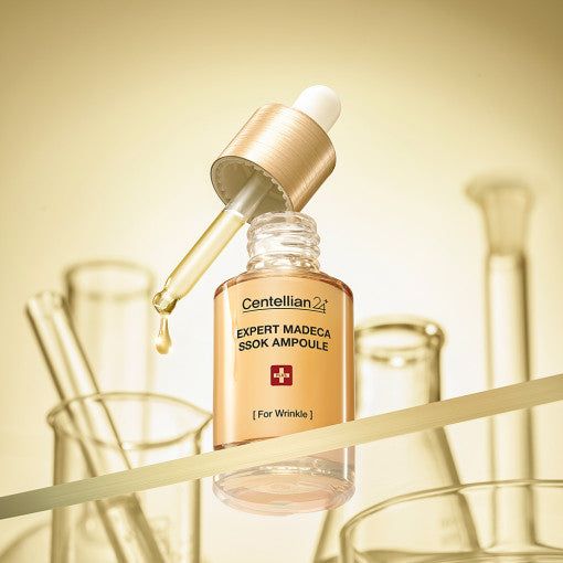 CENTELLIAN 24 Expert Madeca Ssok Ampoule 38ml for wrinkle care with dropper, luxury skincare product, 38ml bottle, golden background