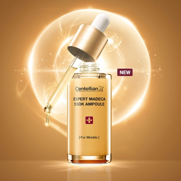 CENTELLIAN 24 Expert Madeca Ssok Ampoule 38ml anti-aging skincare serum with dropper, gold background