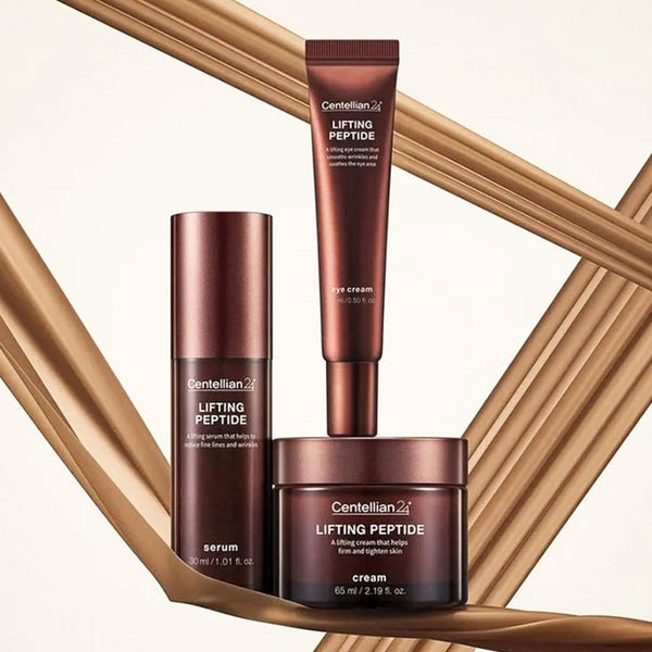 CENTELLIAN 24 Lifting Peptide Serum 30ml displayed with cream and eye cream against a geometric background.