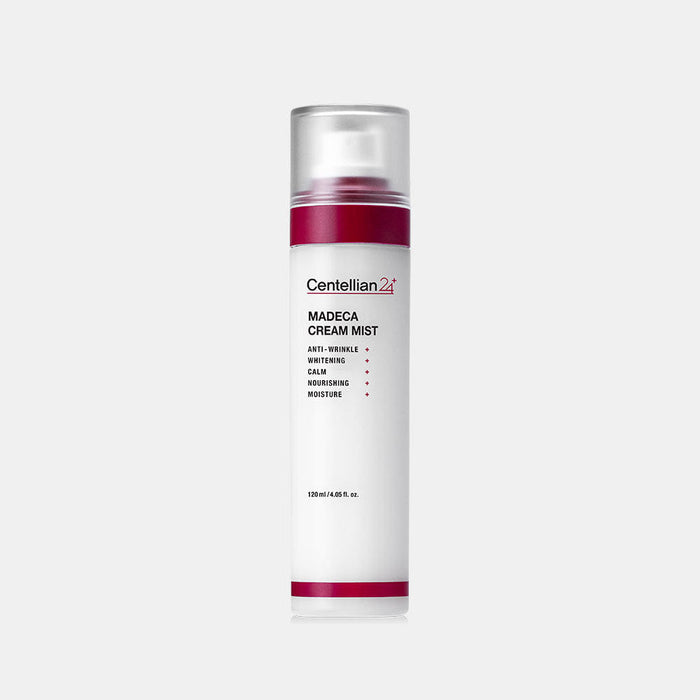 CENTELLIAN 24 Madeca Cream Mist 120ml bottle showing anti-wrinkle, calming, nourishing properties with red and white packaging