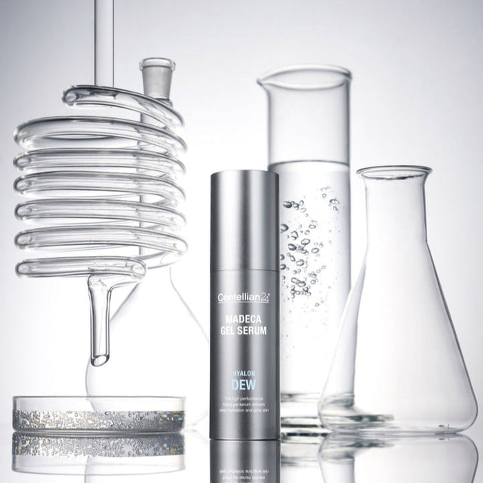 CENTELLIAN 24 Madeca Gel Serum Hyalon Dew 30ml with scientific glassware background