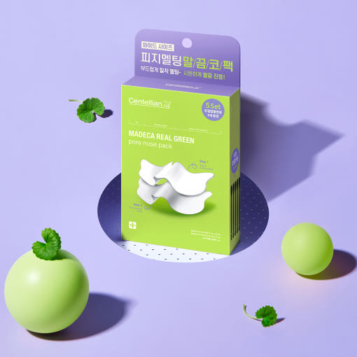 CENTELLIAN 24 Madeca Real Green Pore Nose Pack (5 sheets) product packaging with green spheres and leaves on a purple background.