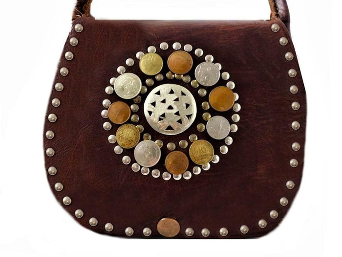 Coins Adorned Leather Bag - Bochic - Brown - Moroccan Corridor