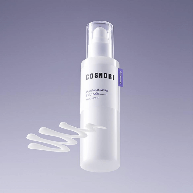 COSNORI Panthenol Barrier Emulsion 150ml in sleek white bottle with clear cap, displayed on a smooth gradient background.
