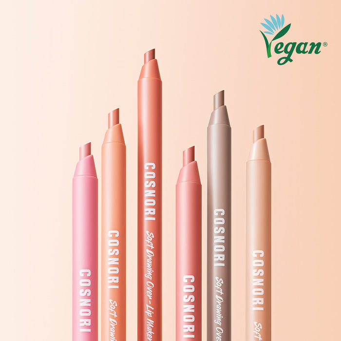 Assorted shades of COSNORI Soft Drawing Overlip Maker with vegan logo