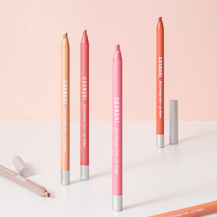 COSNORI Soft Drawing Overlip Maker lip pencils in various shades on a pastel background.