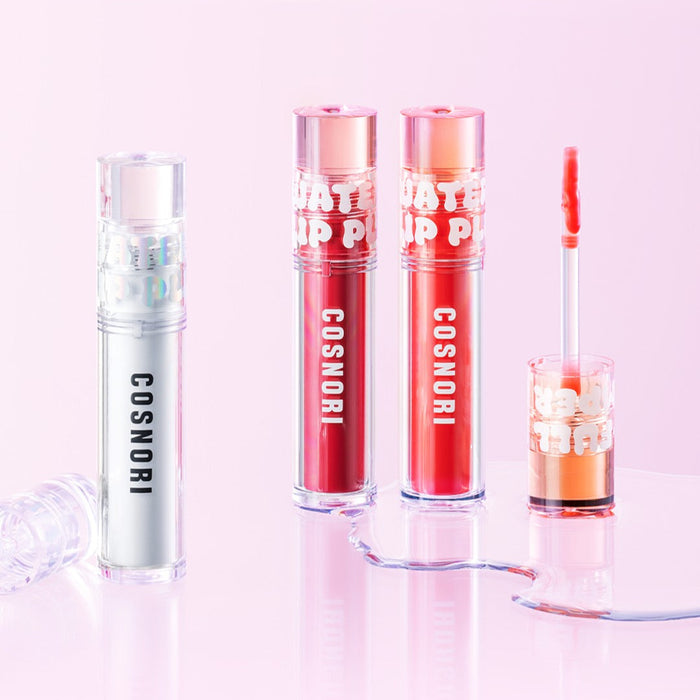 COSNORI Waterful Lip Plumper tubes and applicator on a pink background.