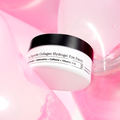 COSRX The Peptide Collagen Hydrogel Eye Patch 60p 85g container on a background of pink bubbles, skincare product