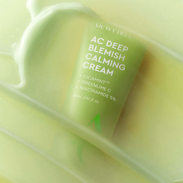 DEWYTREE AC Deep Trace Soothing Cream 60ml in green packaging with calming ingredients for blemishes and skin relief.