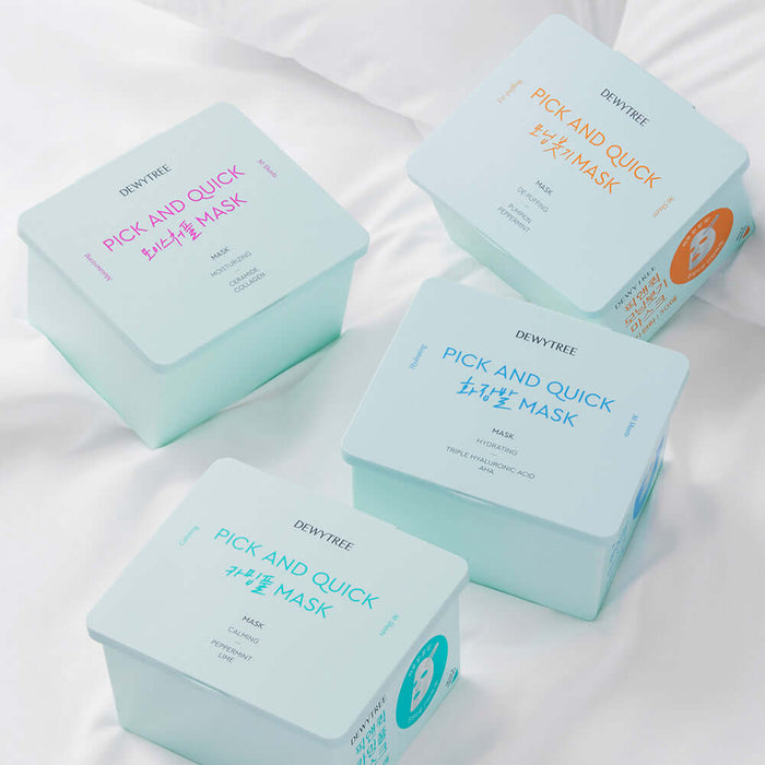 DEWYTREE Pick & Quick Pull-Out Mask 30 sheets displayed in four pastel-colored containers on a white surface.