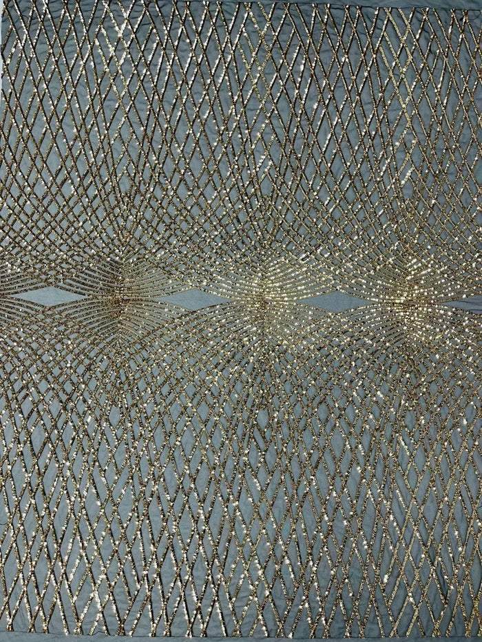 Diamond Geometric Sequins - Gold on Black - 2 Way Stretch Lace Geometric Fabric Sold By Yard