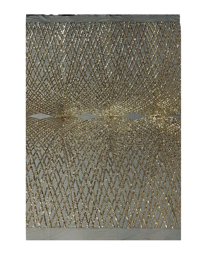 Diamond Geometric Sequins - Gold on Black - 2 Way Stretch Lace Geometric Fabric Sold By Yard