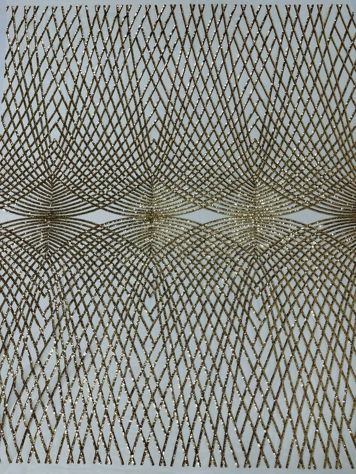 Diamond Geometric Sequins - Light Gold on Ivory - 2 Way Stretch Lace Geometric Fabric Sold By Yard