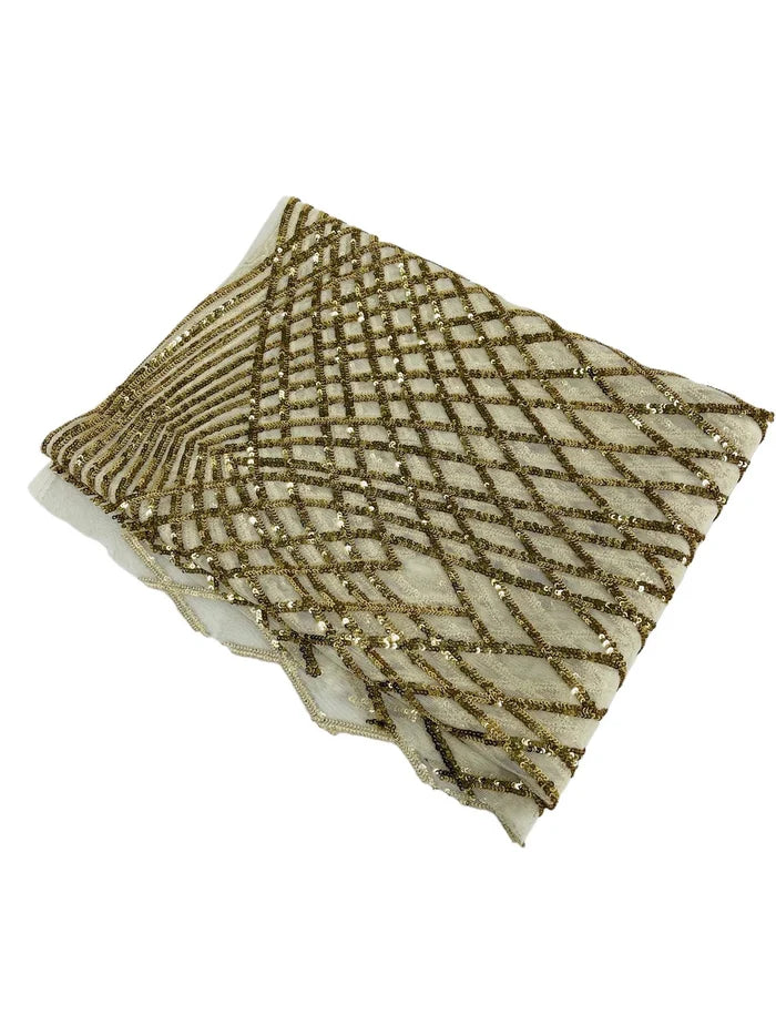 Diamond Geometric Sequins - Light Gold on Ivory - 2 Way Stretch Lace Geometric Fabric Sold By Yard