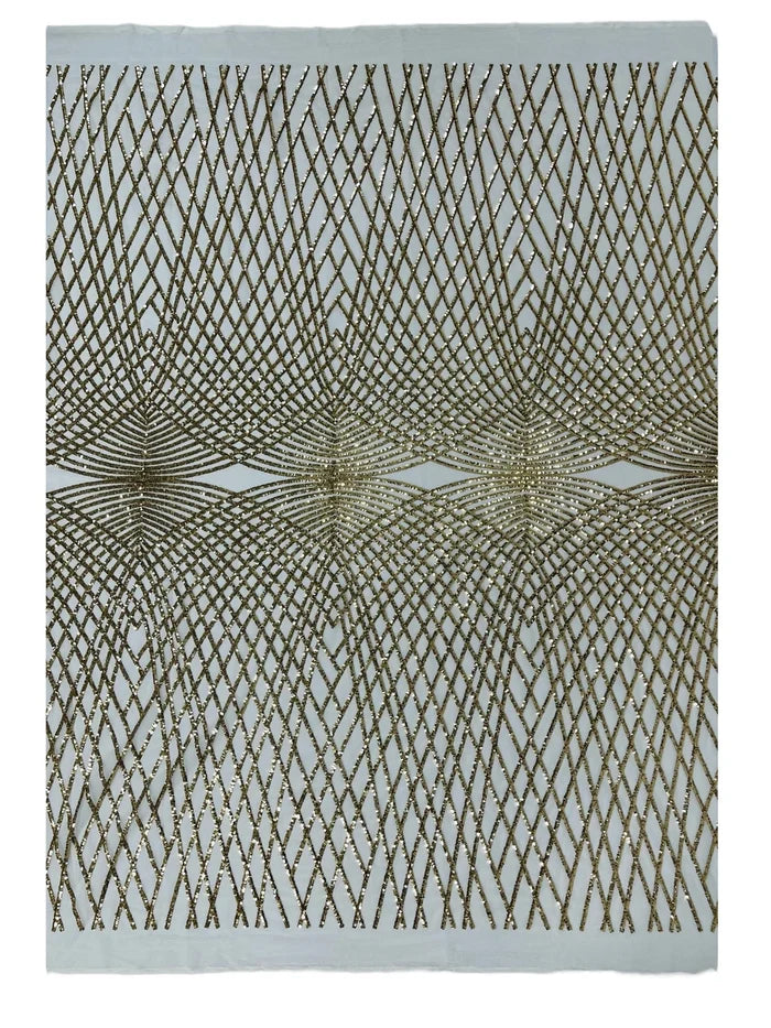 Diamond Geometric Sequins - Light Gold on Ivory - 2 Way Stretch Lace Geometric Fabric Sold By Yard