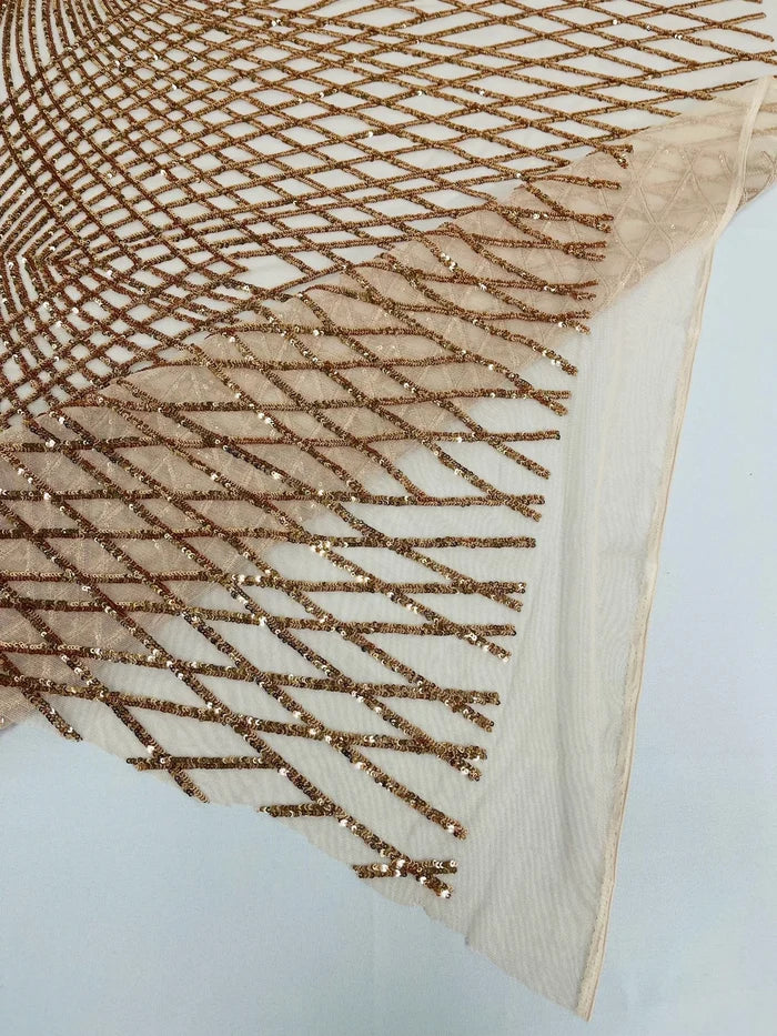 Diamond Geometric Sequins - Rose Gold on Blush - 2 Way Stretch Lace Geometric Fabric Sold By Yard