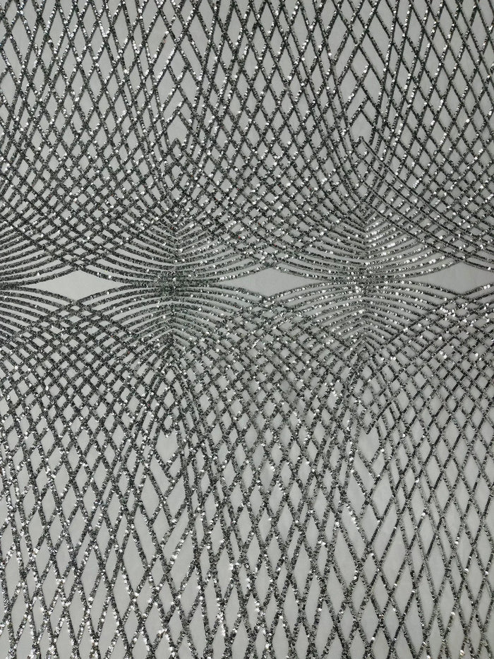 Diamond Geometric Sequins - Silver - 2 Way Stretch Lace Geometric Fabric Sold By Yard