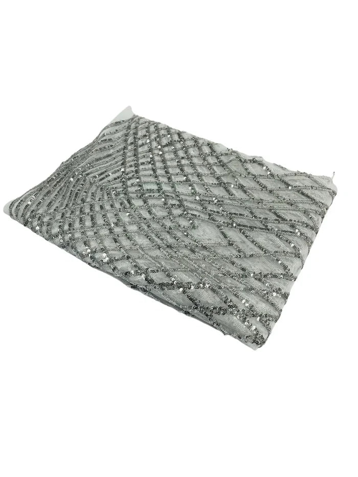 Diamond Geometric Sequins - Silver - 2 Way Stretch Lace Geometric Fabric Sold By Yard