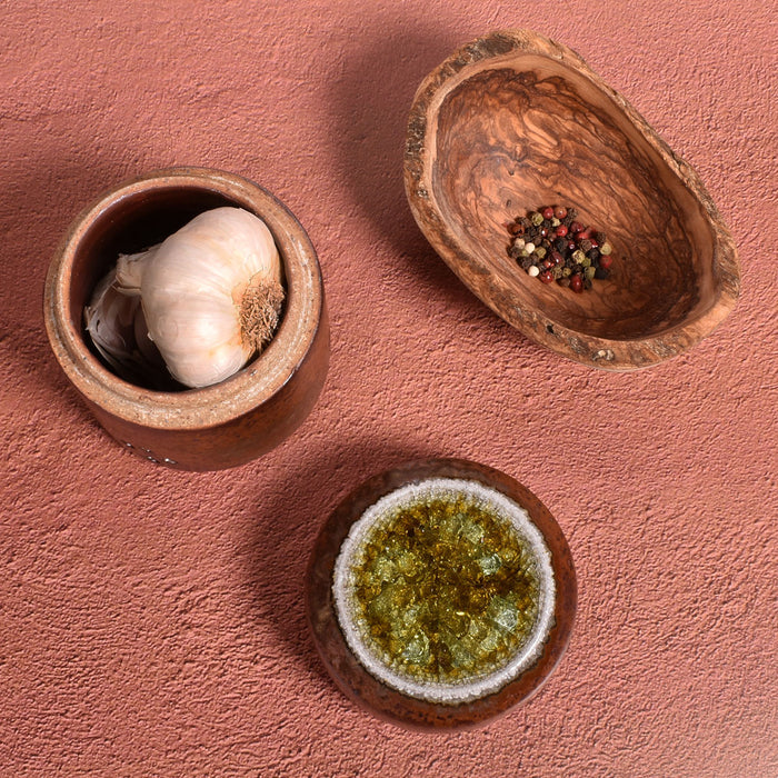 Dock 6 Pottery Handmade Small Garlic Keeper with Fused Glass Lid, Copper