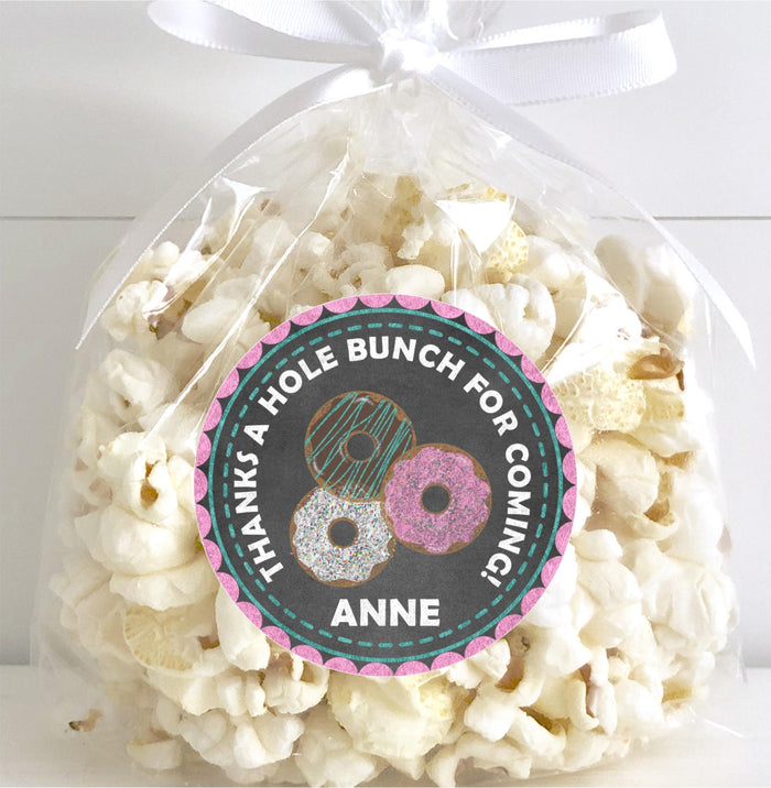 Glitter style donut birthday sticker for treat bags