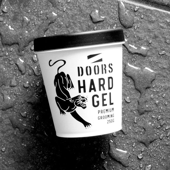 DOORS Hard Gel 250g grooming jar on wet stone background - Gentleman Korea premium men's styling hard gel 250g