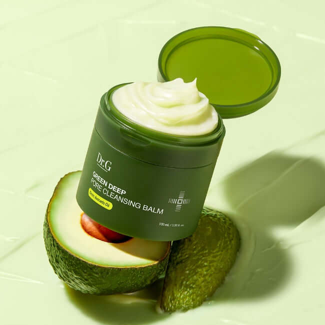 DR.G Green Deep Pore Cleansing Balm with an avocado on a light green background