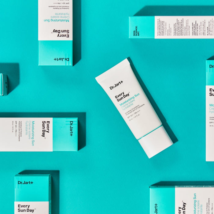 DR.JART+ Every Sun Day Moisturizing Sun 30ml product packaging on turquoise background