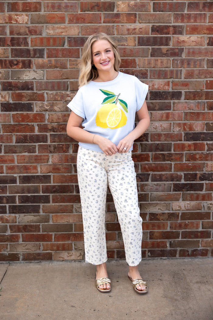 Drop SS Lemon Print Knit Sweater Top