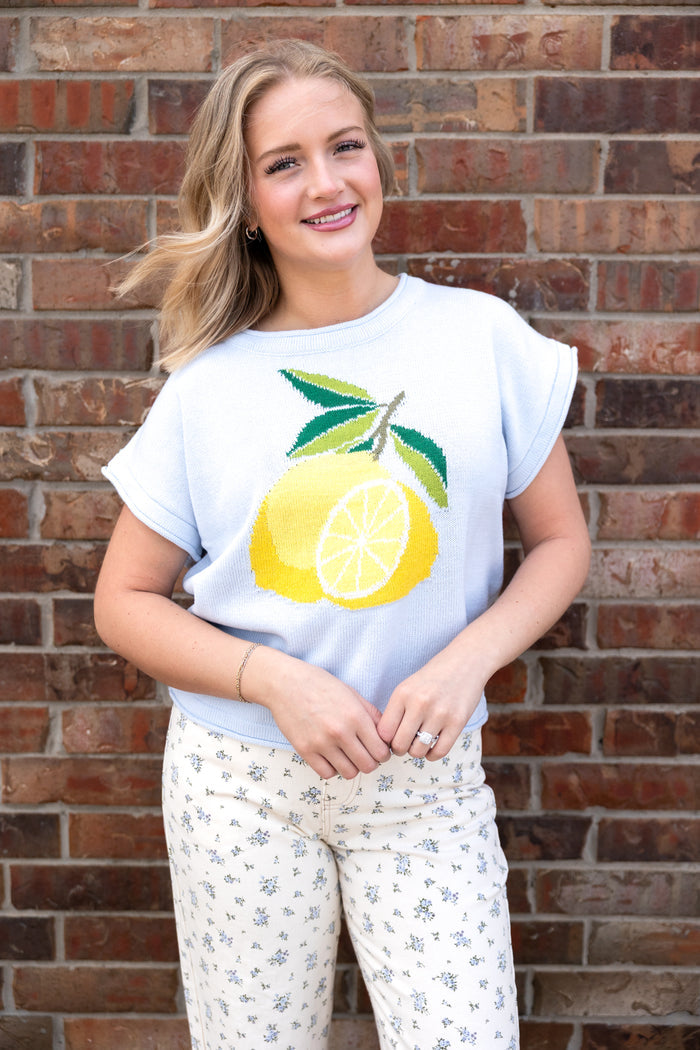 Drop SS Lemon Print Knit Sweater Top