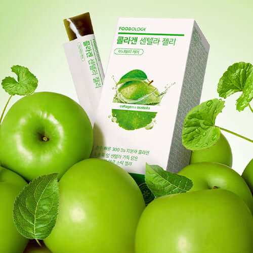 FOODOLOGY Collagen Centella Jelly 250g product packaging with green apple background