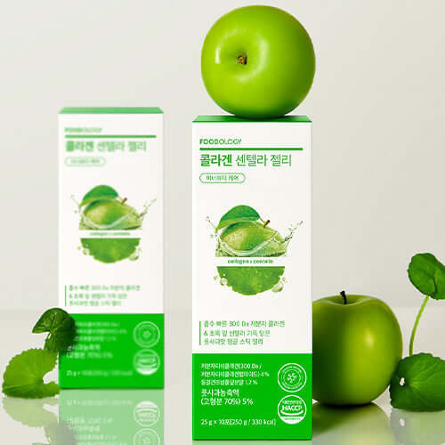 FOODOLOGY Collagen Centella Jelly 250g packaging with green apples and centella leaves, showcasing product benefits.