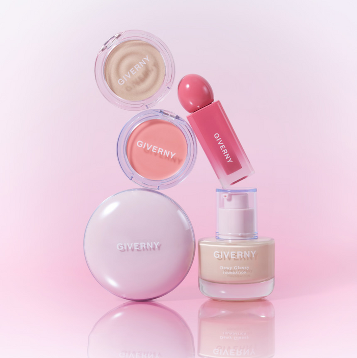 GIVERNY Dewy Glassy Foundation 30ml (SPF38, PA++) with makeup collection on pink background