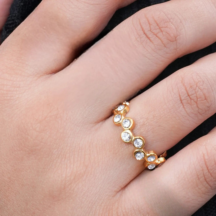 Gold Beaded Eternity Ring – Dainty Stacking Band with Sparkling Zircon Stones - BELARIC