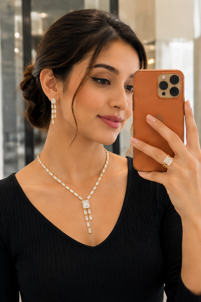 Gold pearl necklace set styled view - BELARIC