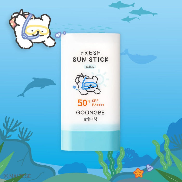 GOONGBE Fresh Sun Stick Mild 23g [Gungjungbicheok x Maltese] product packaging with ocean theme illustration.