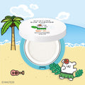 GOONGBE Moisture Sun Cushion Mild 14g [Gungjungbicheok x Maltese] displayed on a tropical beach with palm trees and sunshine.