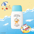 GOONGBE Waterfull Sun Lotion Mild 80g [Gungjungbicheok x Maltese] SPF 50+ bottle on a sunny beach background with playful cartoon clouds.