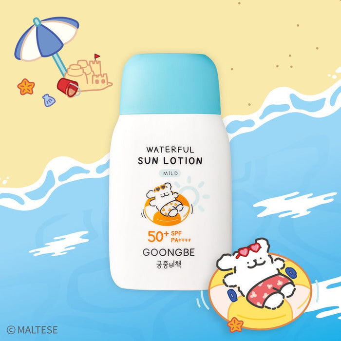 GOONGBE Waterfull Sun Lotion Mild 80g [Gungjungbicheok x Maltese] SPF 50+ bottle on a sunny beach background with playful cartoon clouds.