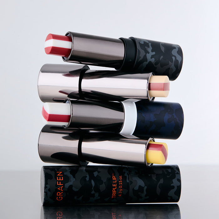 GRAFEN Triple Lip 4.3g - Gentleman Korea product image showing stacked camo-patterned lip balms in sleek metallic tubes for men’s skincare
