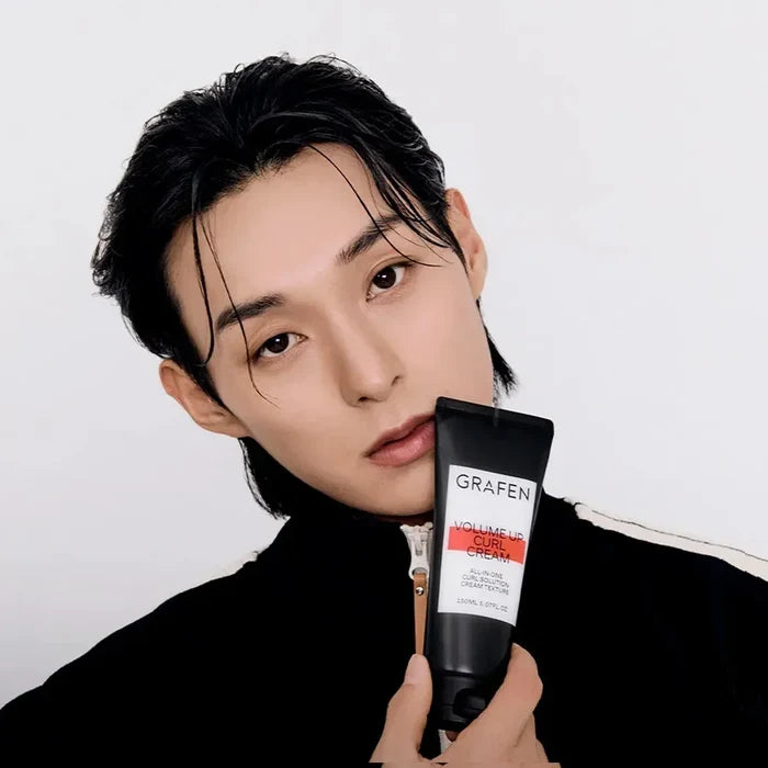 Gentleman Korea model holding GRAFEN Volume Up Curl Cream 150ml for men, Korean skincare styling product