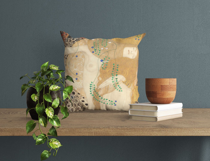 Gustav Klimt Famous Art Friends Water Serpants, Throw Pillow, Abstract Pillow, Soft Pillow Cases, Bright Yellow Pillow, Contemporary Pillow