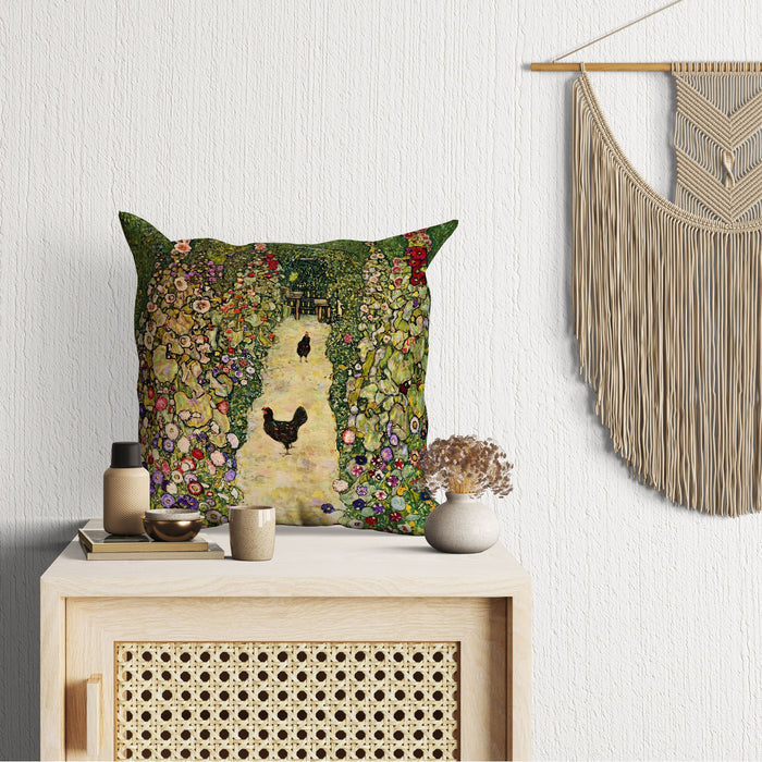 Gustav Klimt Famous Art Garden Path With Chickens Abstract Pillow, Soft Pillow Cases, Green Pillow Cases, Modern Pillow, 22X22 Pillow Cover