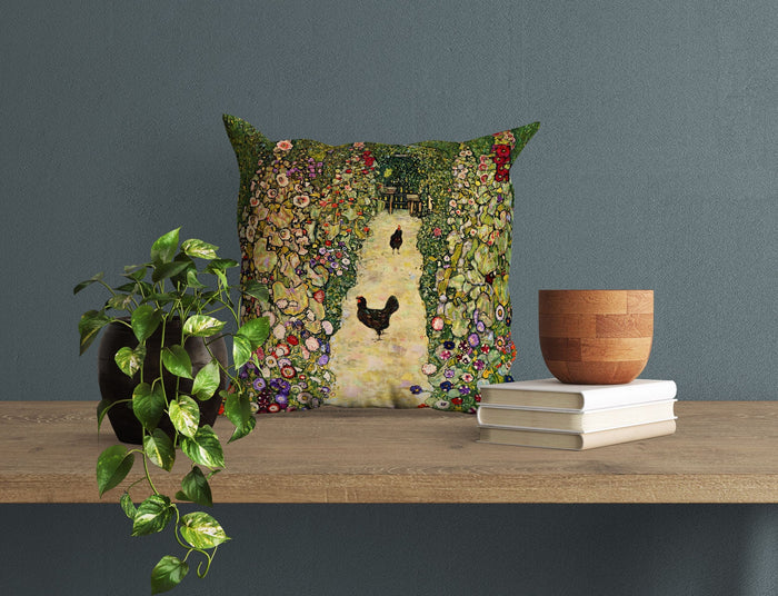 Gustav Klimt Famous Art Garden Path With Chickens Abstract Pillow, Soft Pillow Cases, Green Pillow Cases, Modern Pillow, 22X22 Pillow Cover