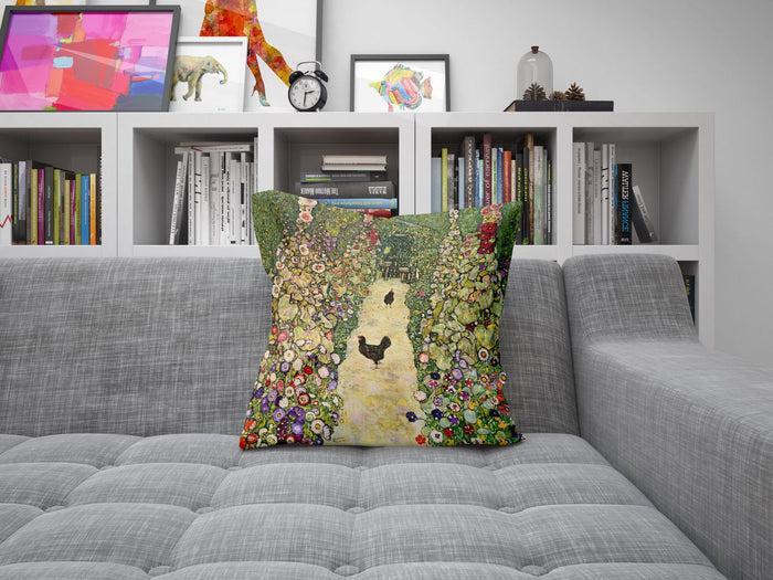 Gustav Klimt Famous Art Garden Path With Chickens Abstract Pillow, Soft Pillow Cases, Green Pillow Cases, Modern Pillow, 22X22 Pillow Cover