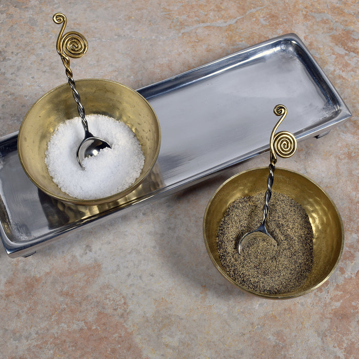 Hammered Metal 3-inch Condiment Bowls with Spoons and Cast Aluminum Tray, Gold/Silver