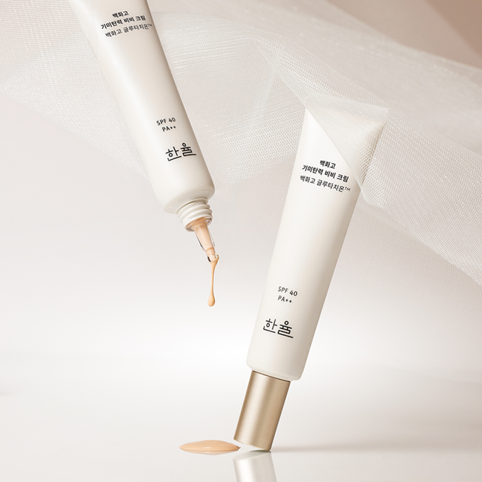 HANYUL Baekhwago Gimitanryuk BB Cream SPF40/PA++ 40ml displayed with packaging, highlighting its texture.