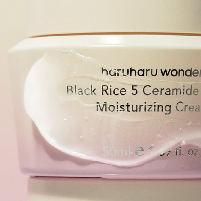 HARU HARU Black Rice 5 Ceramide Barrier Moisturizing Cream 50ml with cream texture, close-up view.